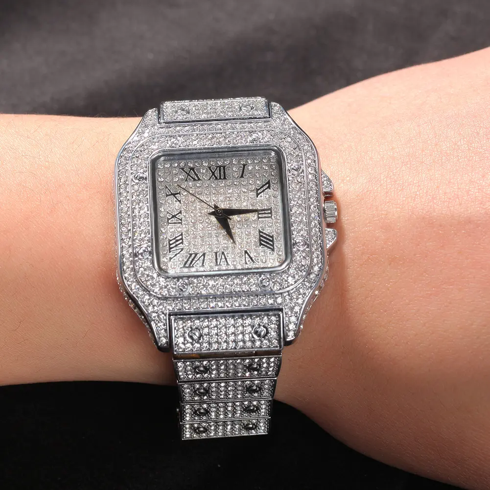 Luxury Stainless Steel Strap Yellow Gold Square Bling Diamond Wrist Quartz Watch For Man Roman Number