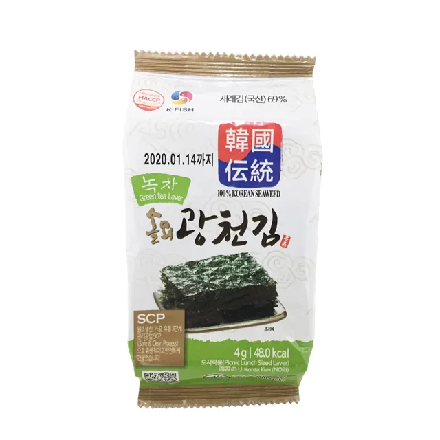 Корейская жареная и приправа, листья (Shushi Nori), Снэк из морских водорослей, зеленый чай со вкусом, 4 г, 8 листов, 3 упаковки