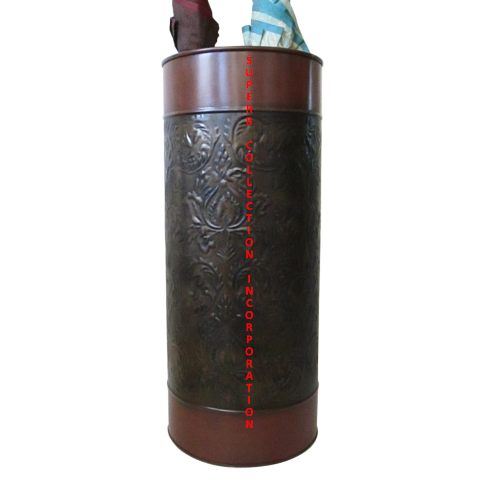 Copper Antiqui Embossed Round Umbrella Stand or Holder For Sale