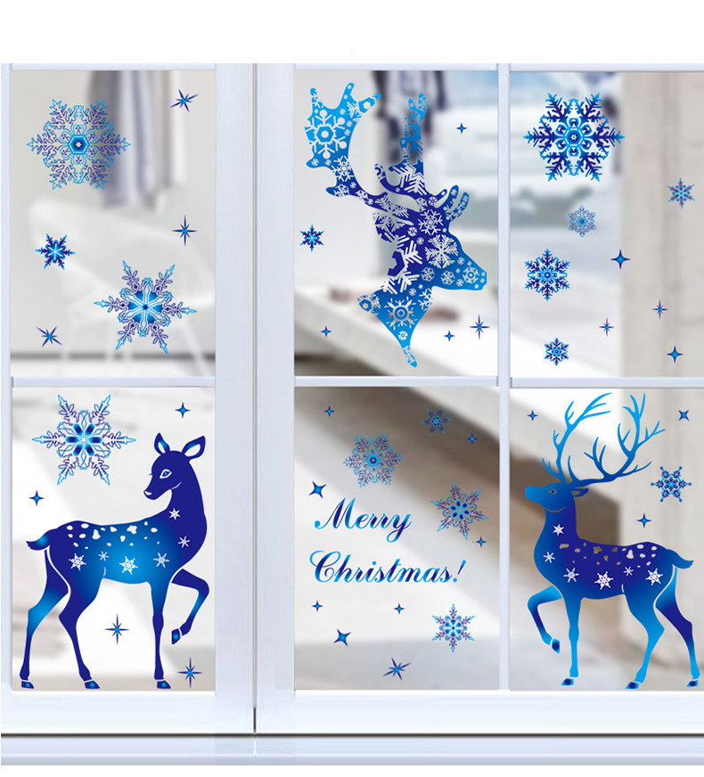 Cross-border Christmas Ornament Snowflake Sticker Glass Window Decoration Sticker Christmas Blue Snowflake Elk Electrostatic
