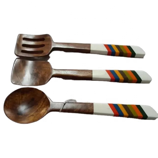 Indian Handmade High Quality Wooden Salad Server or Salad Spoons With Multi Color Resin Handle For Home Hotel Restaurant