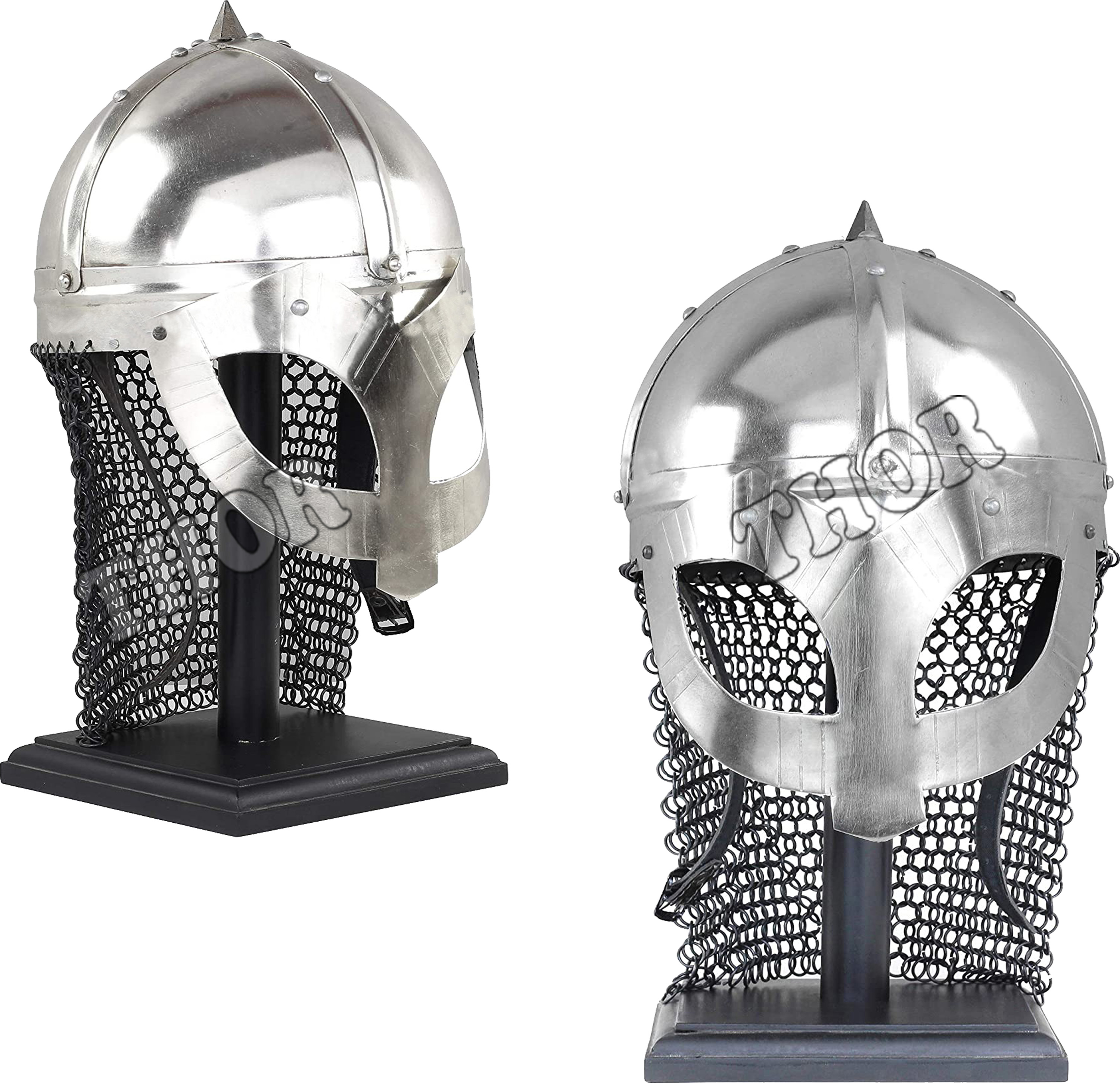Medieval Warrior Wearable Armor Helmet ~Leather Padded Lining| Roman Chain Mail Armor Helm Silver Polished W/StandCostume