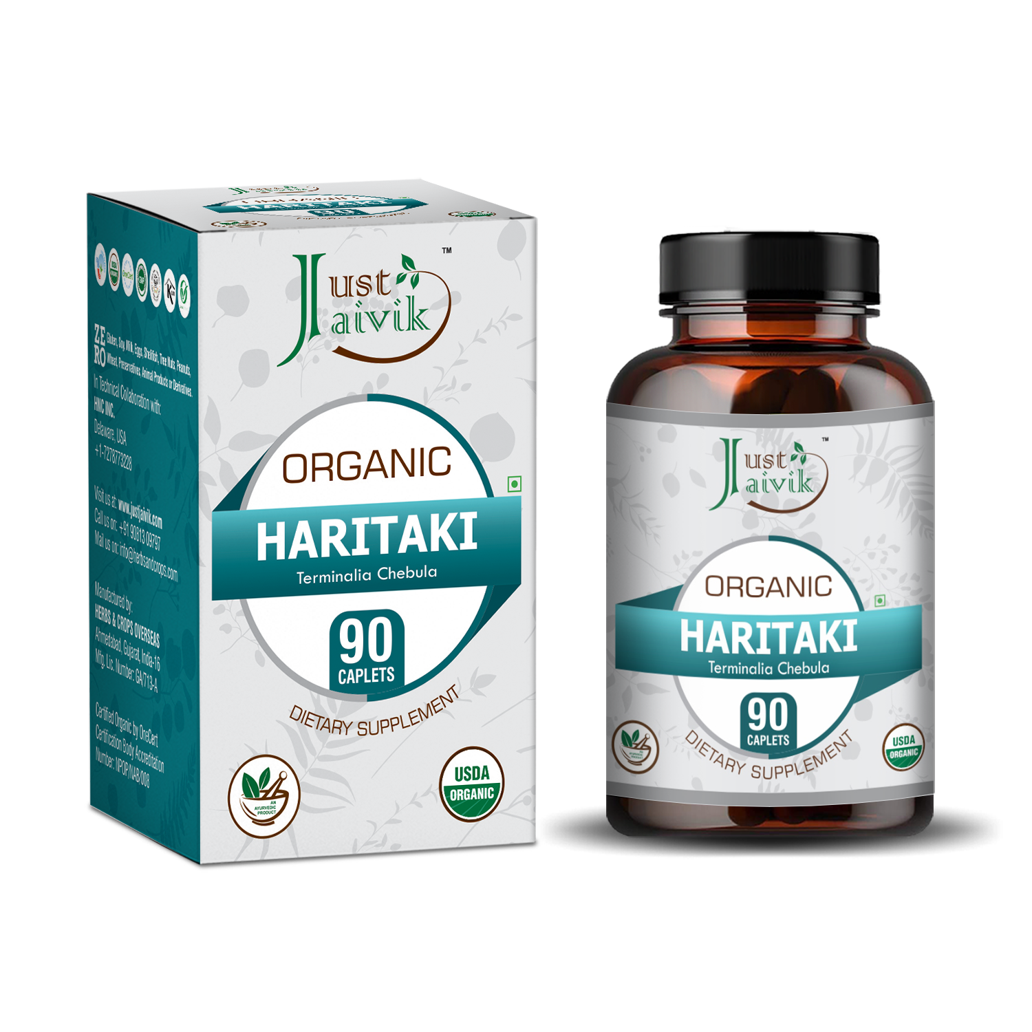 Just Jaivik Organic Haritaki Caplets (Terminalia Chebula) - 750mg, 90counts