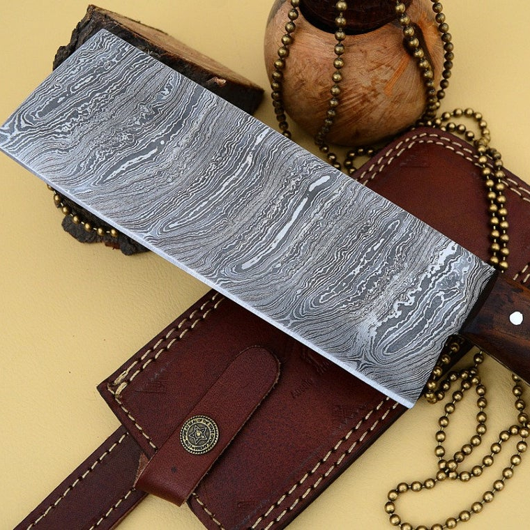 Handmade Damascus Cleaver with wooden handle,Hunting, Meat Cleaver, Kitchen Cutlery, Survival, Camping,