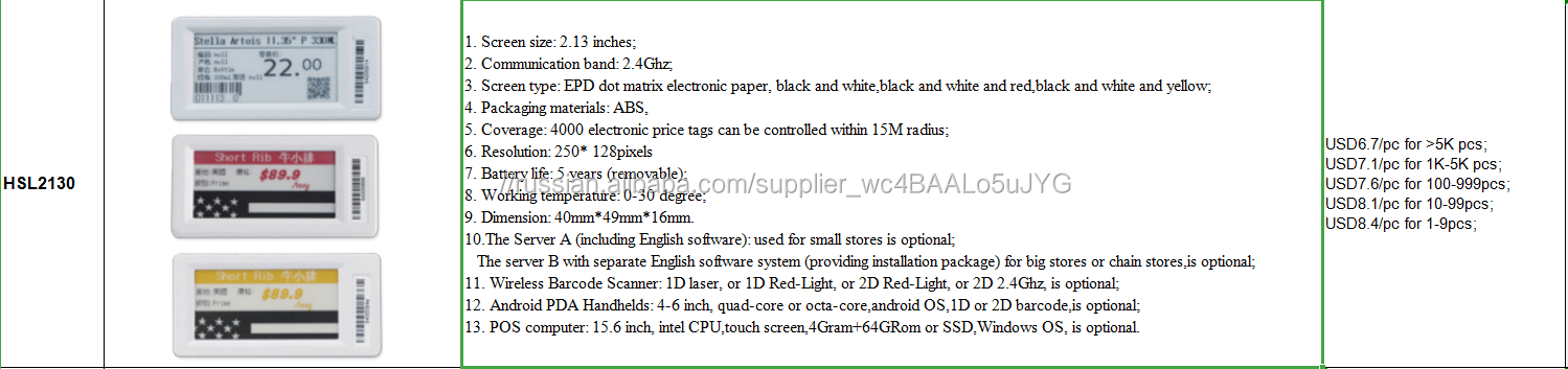 Самый дешевый завод электронный ценник 2.13 дюйма Smart Electronic Wireless ESL