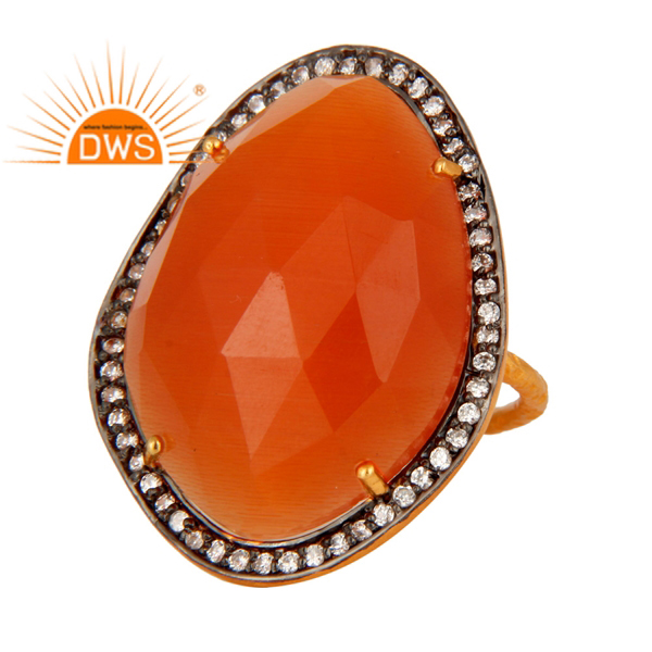 High Quality Solid 925 Silver 18K Gold Plated Girls Ring Indian Silver Jewelry Designer Peach Moonstone Ring Jewelry Supplier