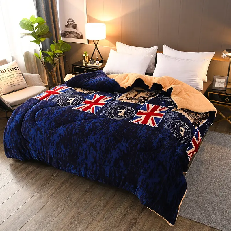 Heavy sherpa flannel velvet heavy wedding faux fur comforter hotel set blue