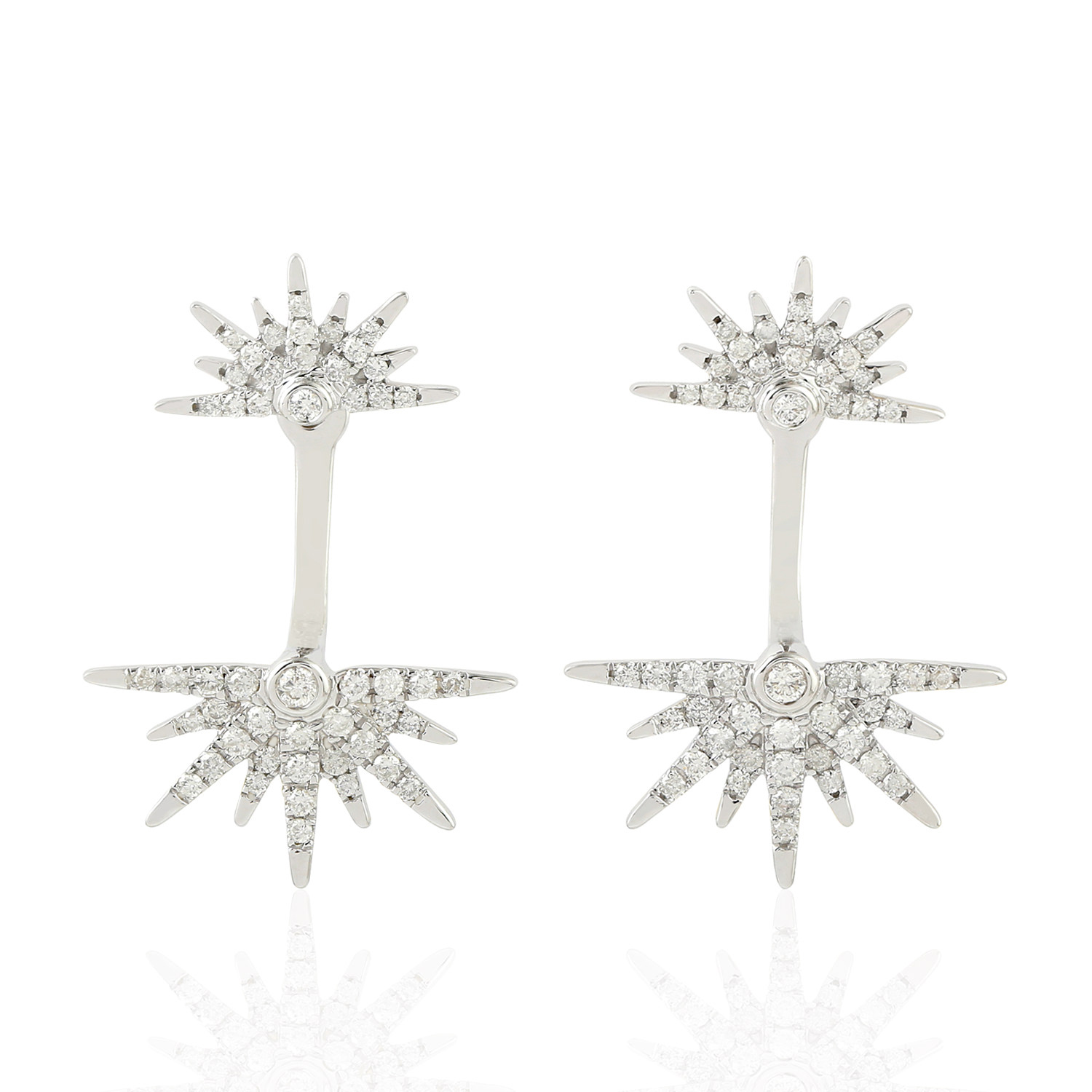 Handmade 18k White Gold Pave Diamond Star Burst Dangle Earrings Women's Jewelry