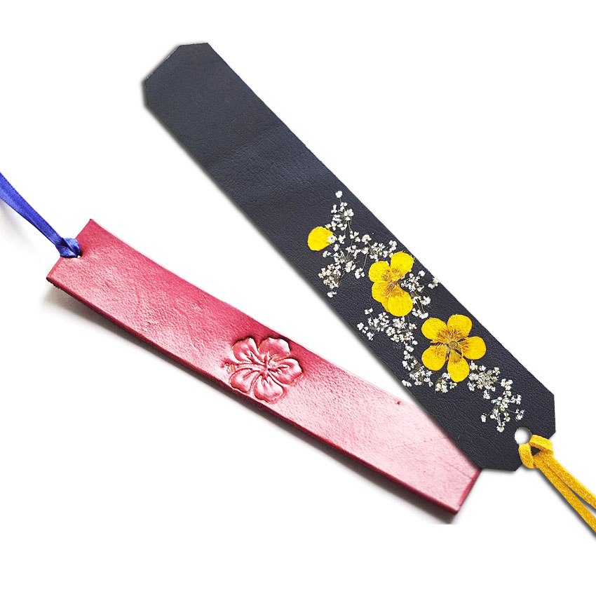 custom floral logo PU leather embossed flower bookmark
