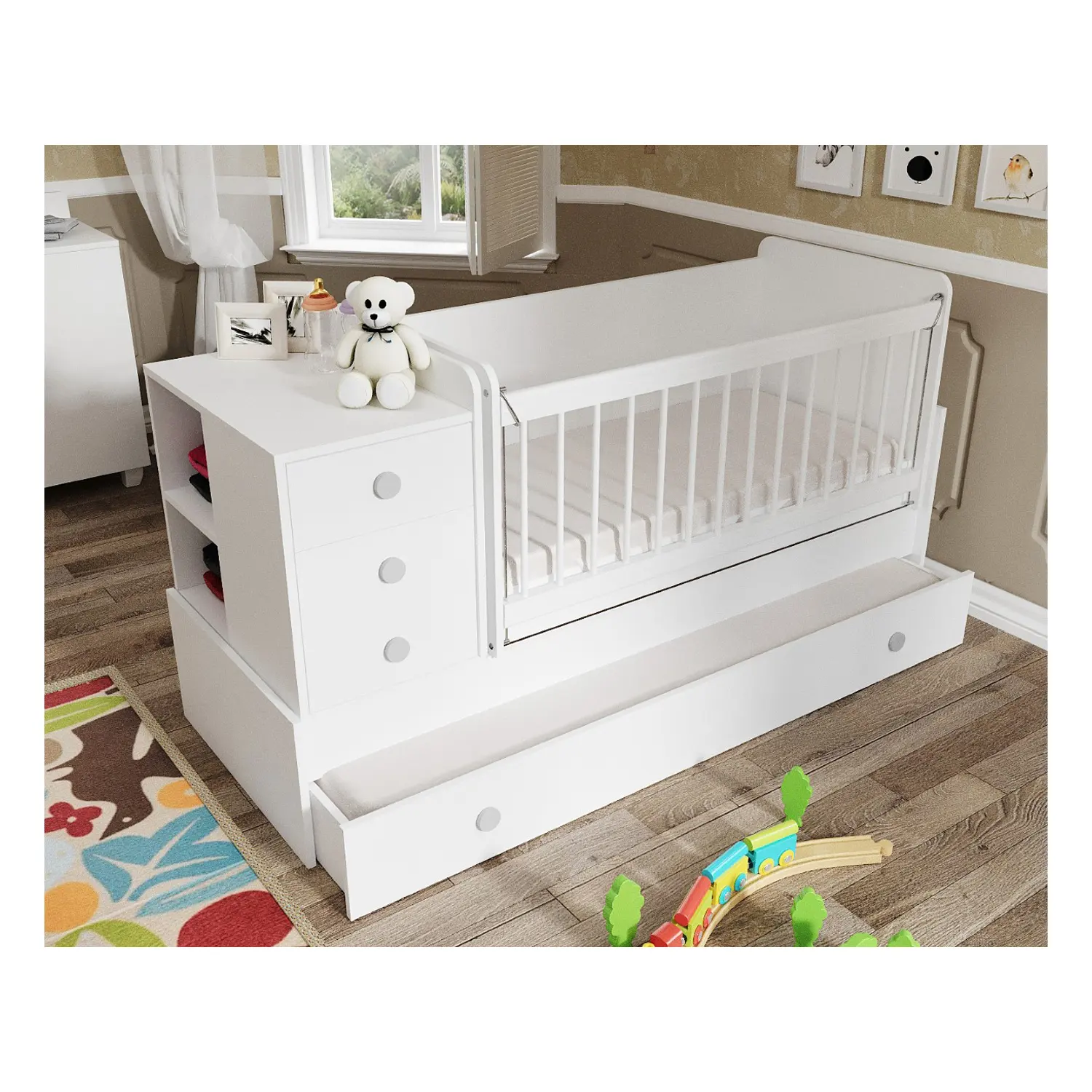 %100 MDF Pearl Convertible Baby Cradle -All in One Furniture it can be Turn into Study Desk, Dresser, Twin Bed