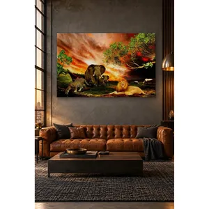 Impression sur toile Fida Lion, éléphant et léopard sous un ciel rouge - Product Image 4