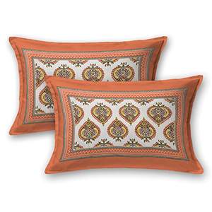 King Size <b>Orange</b> Motif Fitted & Flat Bedsheets Pure Cotton Hand Block Print Exclusive Design - Product Image 5