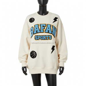 Sweat-shirt oversize pour femme en molleton de coton couleur crème avec logo brodé en chenille personnalisé, style sportif, respirant - Product Image 6