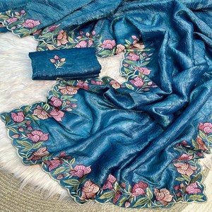 Sari VASTRA COTTAGE Gold Crush con bordado de hilo y blusa a juego, sari de diseñador para fiestas - Product Image 1