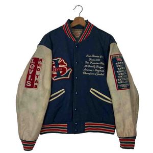 Lévis Rouge Tab Varsity Veste Vintage Brodé Baseball Letterman Manteau Bleu Marine Crème Manches Rétro Streetwear - Product Image 2