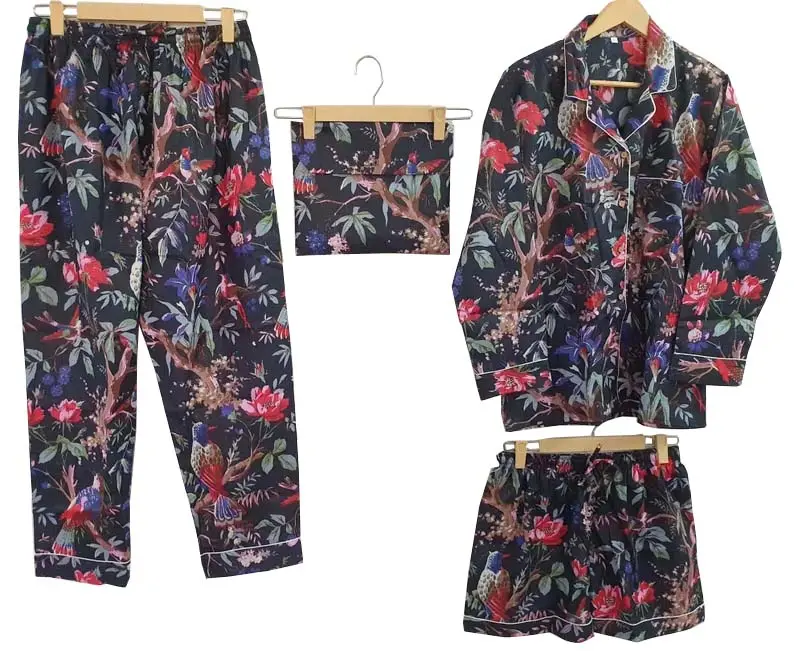 भारतीय कपास 4pcs pj सेट लंबी पायजामा महिलाओं के कपड़े पजामा 100% सूती स्लीवियर शर्ट और पैंट