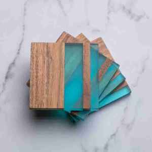 Sous-verres en bois d'acacia et résine, combinaison de bois de mangue et de pierre beige, ensemble de sous-verres avec sous-verres en mousse EVA - Product Image 3