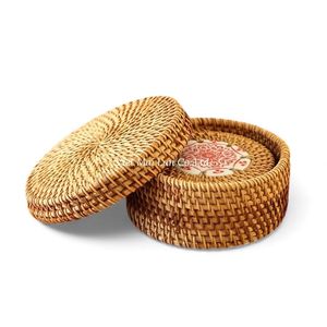 Handcrafted Bohemian Style Natural Rattan <b>Coaster</b> <b>Set</b> with Matching Tray Made From Premium Rattan Vietnam for Home Use - Product Image 2
