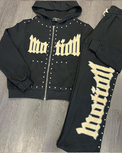 OEM Men's Winter Fashion Acid Wash Print Zip-Up Embroidered Breathable 100% Cotton Fleece Hoodie Sweatpants Set Distressed Patch - Product Image 6