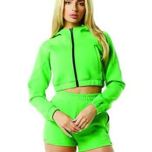 2025 femmes Logo personnalisé fermeture éclair à capuche haut court décontracté polaire sweat-shirt short de survêtement ensemble avec dentelle décoration motif solide - Product Image 2