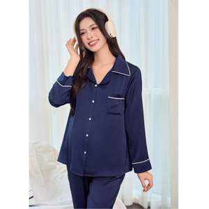 Ensemble en soie respirante bleu foncé à manches longues B862 pour femmes enceintes - Soie de haute qualité absorbant la transpiration - Product Image 5