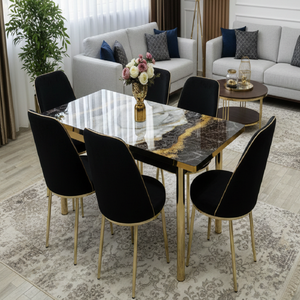 Juego de Comedor Moderno de Lujo con 6 Sillas, Cubierta de Vidrio Templado, Patas de Metal Extensibles, Tablero de Aglomerado Ecológico y Duradero - Product Image 2