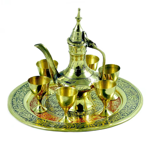 Copa de vino de latón puro antiguo y real, Surahi y juego de bandejas (dorado, bandeja redonda de 14 cm, Surahi de 11,5 cm, cristal de 3,5 cm) - Product Image 1