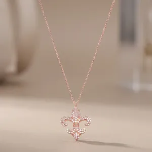 Theia Silver <b>Rose</b> <b>Gold</b> Plated 925 Silver Fleur De Lis Pendant <b>Necklace</b> with Round Brilliant Cut Diamonds Link <b>Chain</b> for Women - Product Image 3