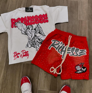 Ensemble survêtement court vintage délavé à l'acide avec impression en relief personnalisée 30MOQ, streetwear vintage, impression sérigraphique avec strass et ensembles de t-shirts pour hommes - Product Image 2