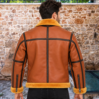 Blouson aviateur en cuir véritable et laine de mouton marron pour homme, coupe-vent, zippé, streetwear d'hiver, avec logo frontal
