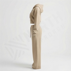 Conjunto Deportivo de Dos Piezas con Cremallera y Logotipo Personalizado al por Mayor, Pantalones Deportivos de Pierna Ancha, Top Corto con Capucha, Traje Deportivo para Mujer, Ropa de Gimnasio - Product Image 3