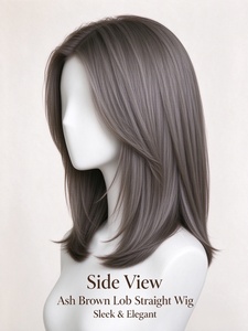 Ash Brown Lob Straight <b>Wig</b> <b>Synthetic</b> Fiber Hair Natural Looking Medium Length Hairpiece for Daily Wear - Product Image 4