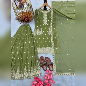 Conjunto de salwar kameez de georgette de diseñador con top con bordado de hilo grueso y pantalón plazzo con dupatta para salidas informales, corte moderno. - Product Image 5
