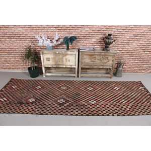 Tapis turc vintage 3,4x9,7 pi (105x296 cm), tapis Kilim marron rouge à motifs floraux - Product Image 2