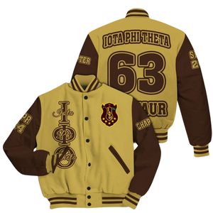 Iota Phi Theta Brown Gold Heritage 1963 Letterman Jacket Varsity Greek Life Fraternity Apparel Classic Campus Prendas de abrigo - Product Image 1
