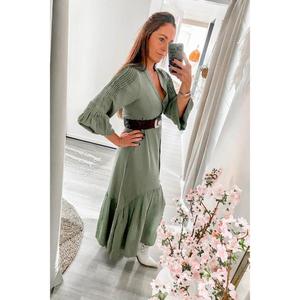 Robe maxi boutonnée unie pour femmes, col en V, manches courtes, style bohème avec taille à cordon, naturelle, écologique, décontractée, tenue de villégiature - Product Image 2