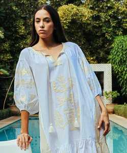 Amersham Robe Midi avec Contraste Or Lurex Doux Coton Tissé Tissage Arbre Vie Applique Facile à Porter avec Taille Naturelle - Product Image 2