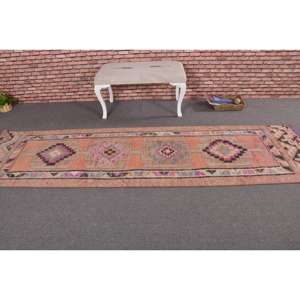 Alfombra Turca, Alfombra de Pasillo de 2.6x9.9 pies, Alfombra Vintage de Lana con Diseño Floral Naranja - Product Image 3