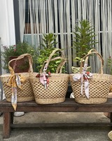 Buatan tangan Vintage air Hyacinth tas tangan wanita bergaya Dual bahu tali tahan lama Pinwheel desain tenun terbuka atas bunga