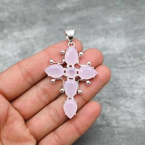 Collar con Colgante de Cruz de Cuarzo Rosa, Plata de Ley 925, Joyería de Piedras Preciosas Hecha a Mano, Elegante Regalo para Mujer, Boda, Fiesta - Product Image 1