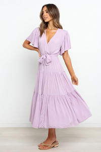 Nueva colección de precios al por mayor lavanda casual bohemio mangas cortas con escalonado cuello en V Boho tobillo longitud Maxi vestido - Product Image 3