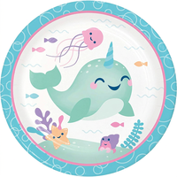 Assiettes de fête en papier Narwhal rose tendance 2026, durables et écologiques, vaisselle jetable personnalisable avec logo, thème océan pour fêtes d'enfants
