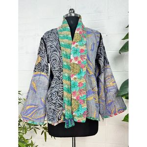 Handstitched Boho Chic <b>Vintage</b> Kantha Stitch Dori Jacket One-of-a-Kind Reversible Short <b>Coat</b> with <b>Stand</b> Collar Woven Fabric - Product Image 4