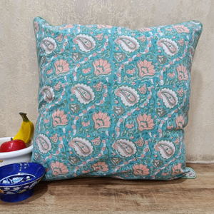 Housse de coussin 45x45cm en coton slub 100% véritable imprimé à la main motif lotus bleu ciel, fermeture éclair au dos, pour usage domestique - Product Image 1