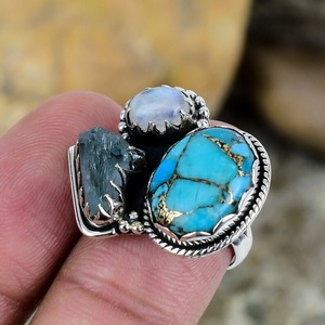 <b>Silver</b> Copper Turquoise Moonstone Rough Labradorite Gemstone Handmade <b>Boho</b> <b>Ring</b> Perfect Gift Custom Size - Product Image 1