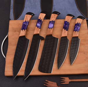 Ensemble de couteaux de chef SCL, acier carbone forgé à la main, revêtement noir en poudre, écologique, ambidextre, manche en bois et résine, passe au lave-vaisselle - Product Image 5