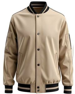 Veste bomber softshell beige pour homme avec garniture noire, col et poignets rayés, style streetwear, veste de mode, logo personnalisé OEM - Product Image 1