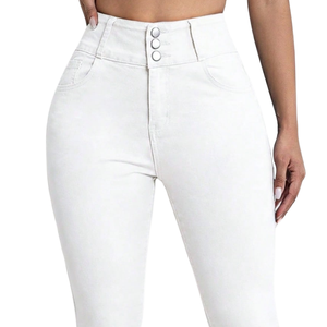 Jean slim taille haute en denim blanc pour femme, coupe ajustée, longueur cheville, décontracté, confortable, délavé, hiver, XXS - Product Image 3