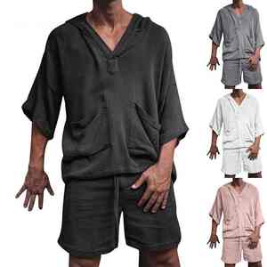 <b>Plus</b> <b>Size</b> Men's Clothing Cotton <b>Linen</b> Hoodies Two Piece Short Sets for Men Loose Solid Color Sports Suit 2026 Cotton Breathable - Product Image 5