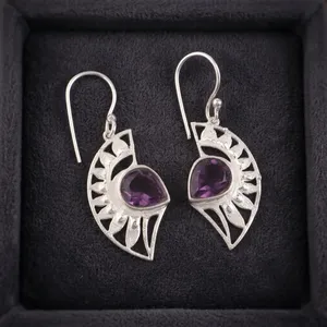 Boucles d'oreilles pendantes Bohème en argent sterling 925 pour femme, serties d'améthyste, motif géométrique, pour usage quotidien - Product Image 2
